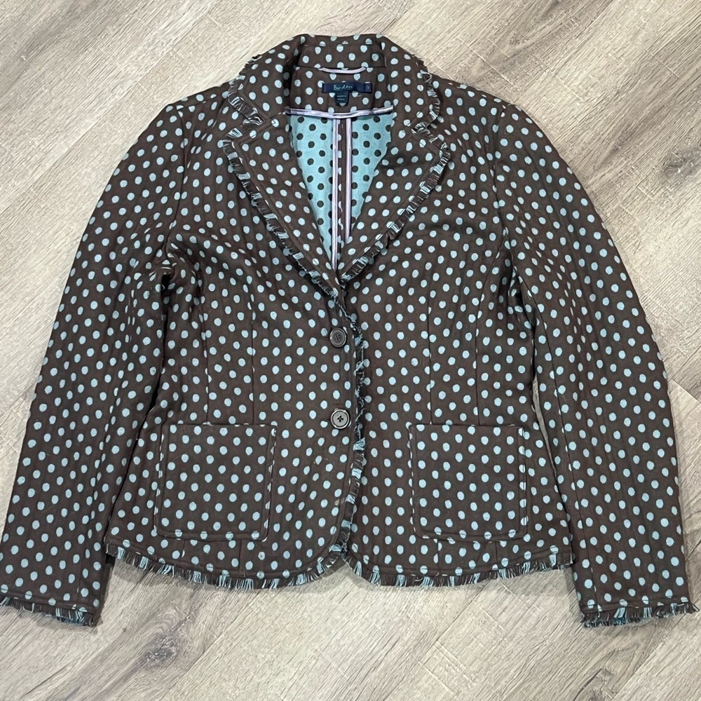 Boden Size 14 Wool Blend Polka Dot Fringe Seam Unlined Unstructured Soft Blazer